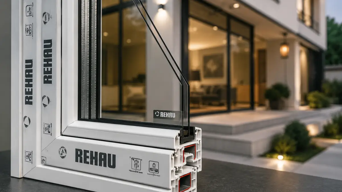 Угол оконного профиля REHAU в разрезе на фоне дома с панорамными окнами